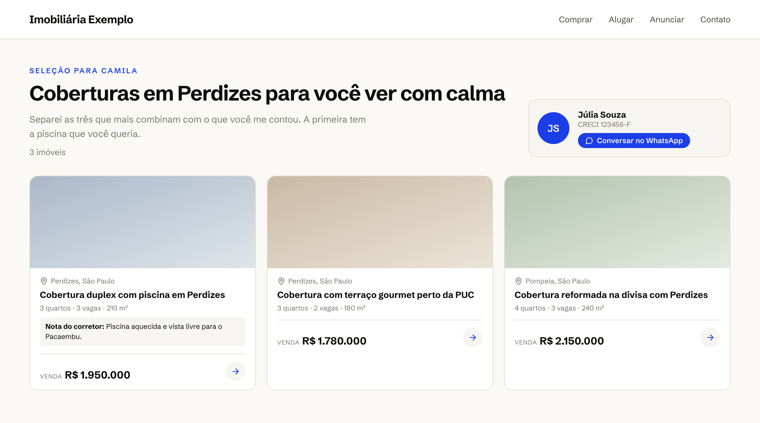 Página da seleção no site da imobiliária: título, mensagem do corretor, cartão do corretor com o botão Conversar no WhatsApp e os imóveis em cartões com foto, bairro e preço