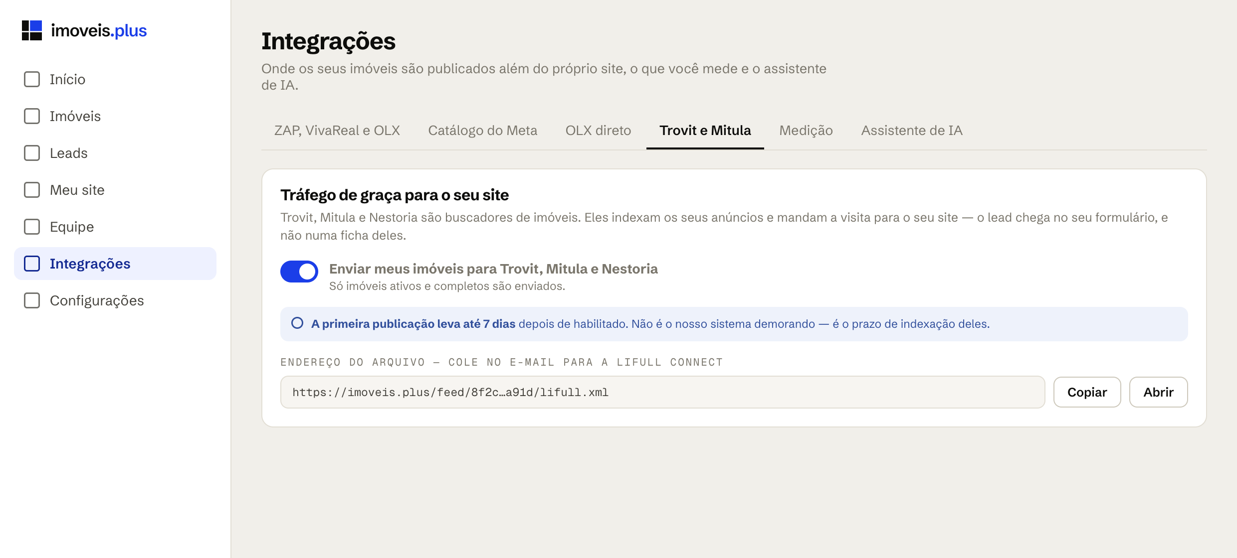 Aba dos agregadores, com o aviso de prazo e o endereço do arquivo