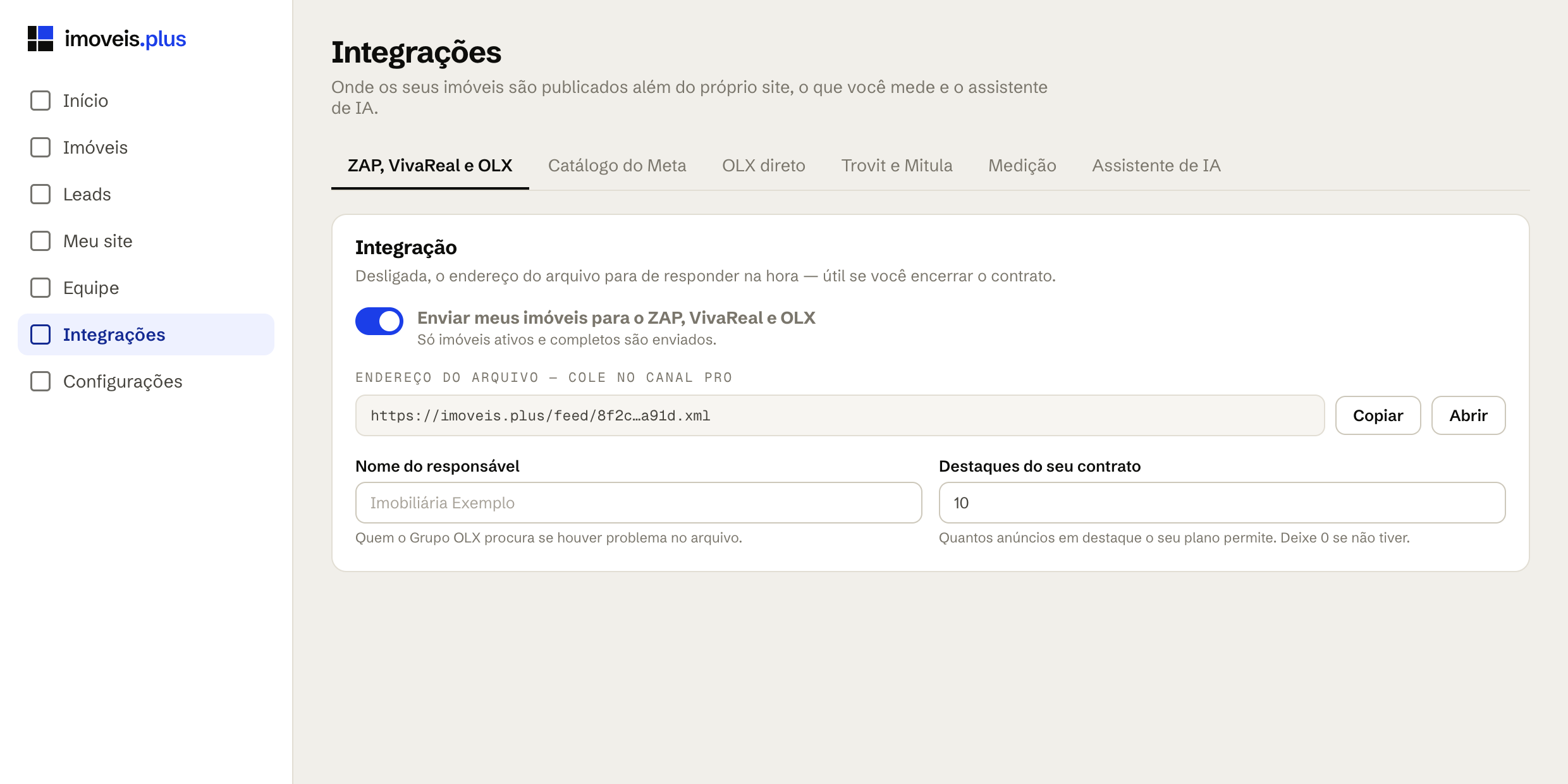 Aba do Canal Pro, com a chave ligada e o endereço do arquivo