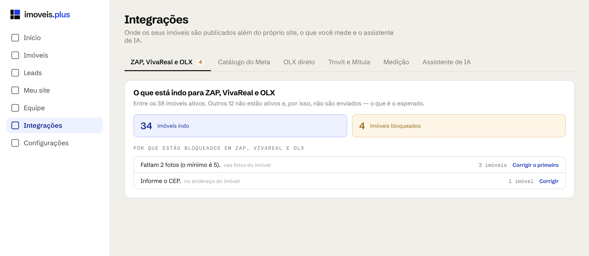 Diagnóstico por canal, mostrando quantos imóveis estão indo e por que os outros estão bloqueados