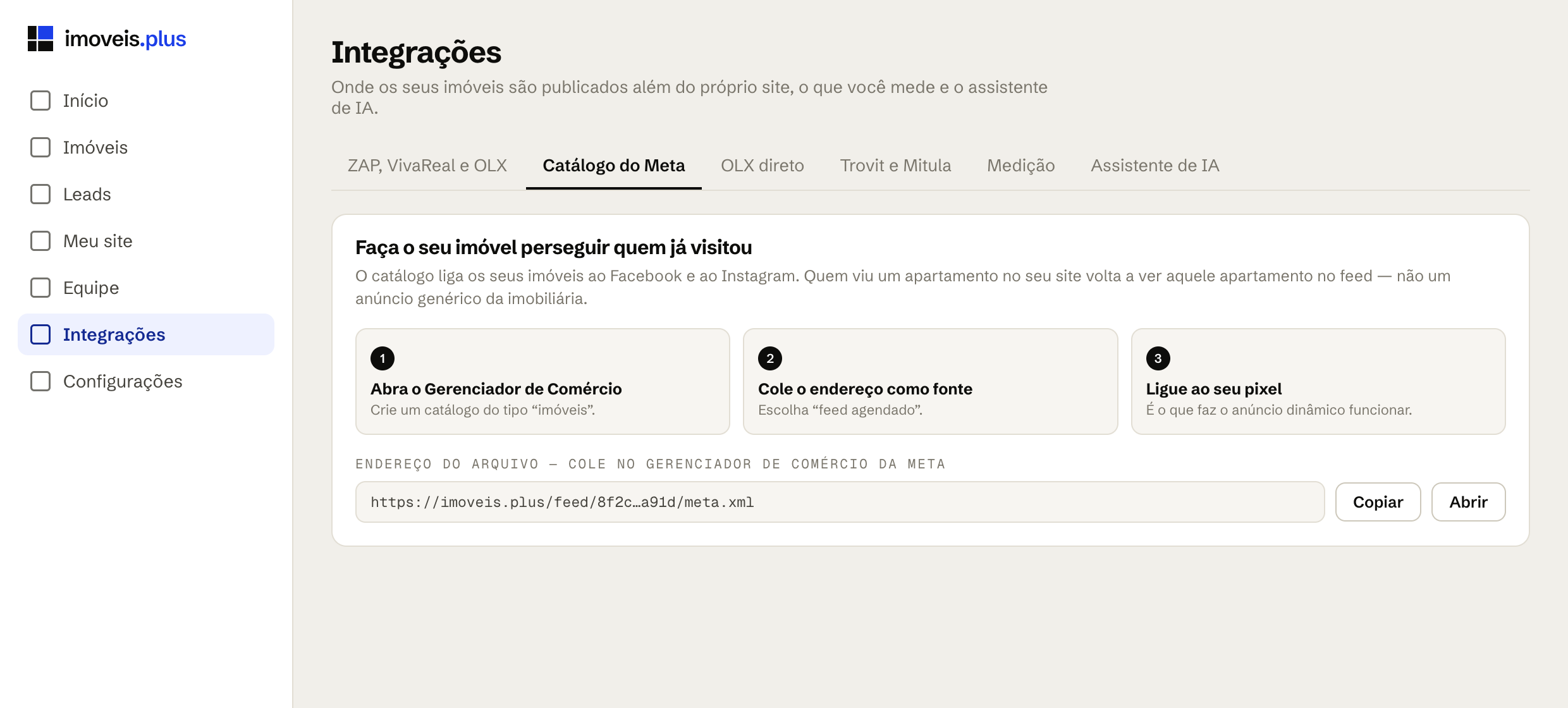 Aba do catálogo do Meta, com os três passos e o endereço do arquivo